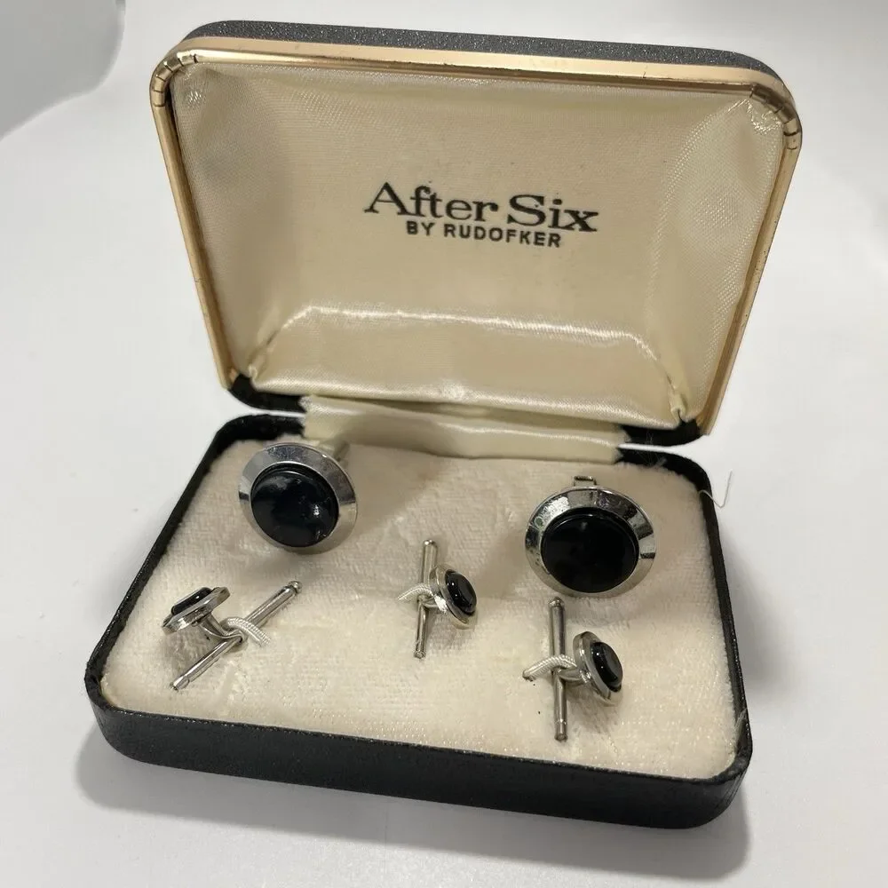Vtg After Six By Rudofker Silver Black Men’s Formal Classic Cufflink Stud Set